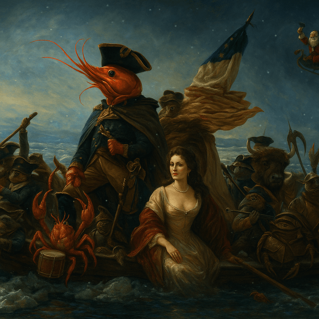Shrimp-headed general leads fantastical creatures across water.