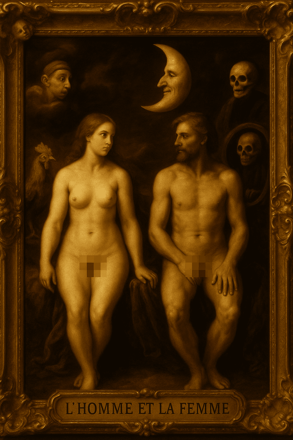 Baroque painting of nude man and woman with skulls and moon.