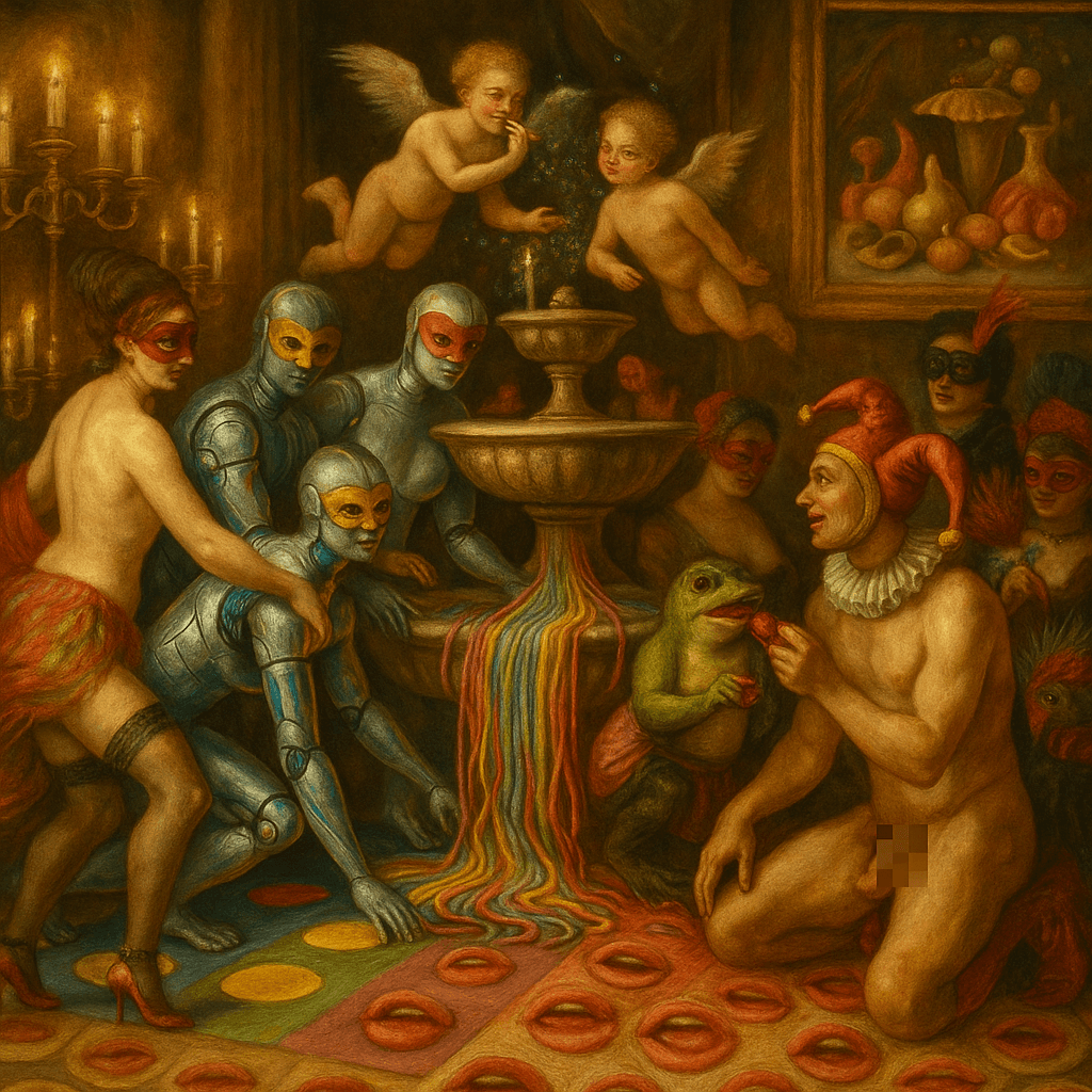 People in masks gather around a decorative fountain.