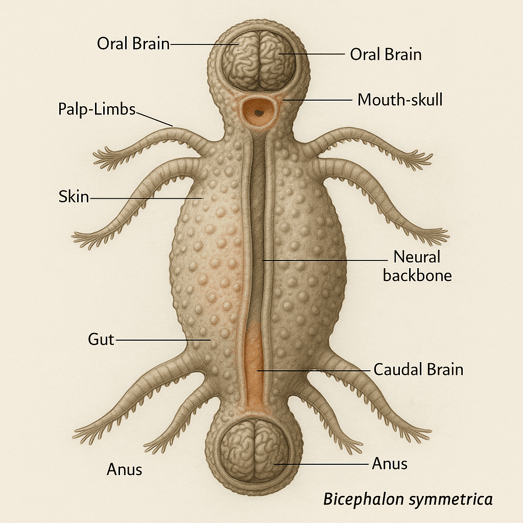 Labeled anatomy diagram of fictional creature Bicephalon symmetrica.