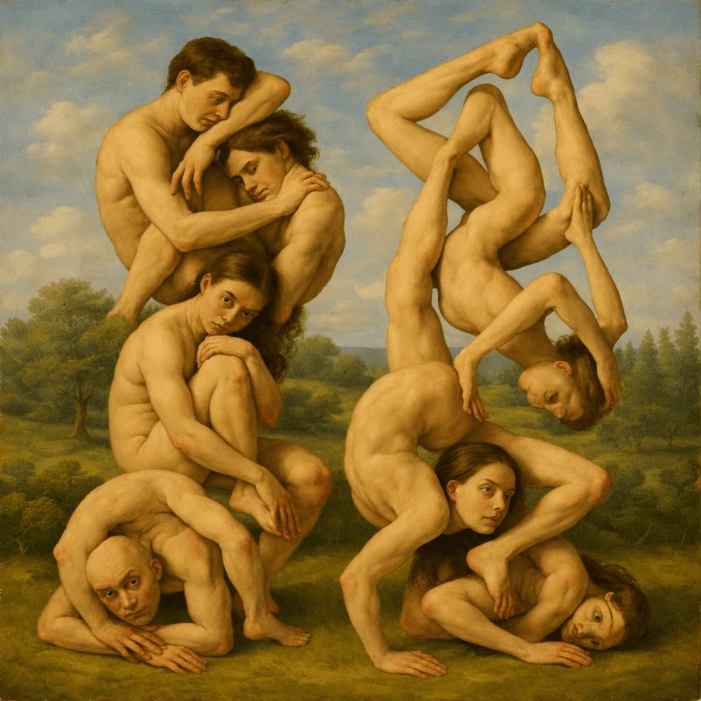 Several people doing yoga together in a park.
