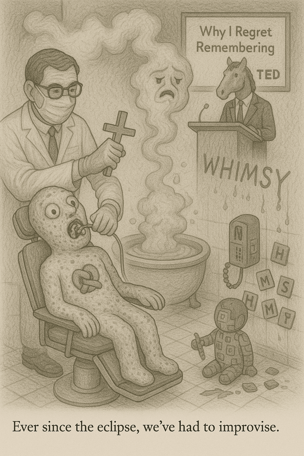Surreal pencil drawing of dentist, horse lecturer, strange figures.