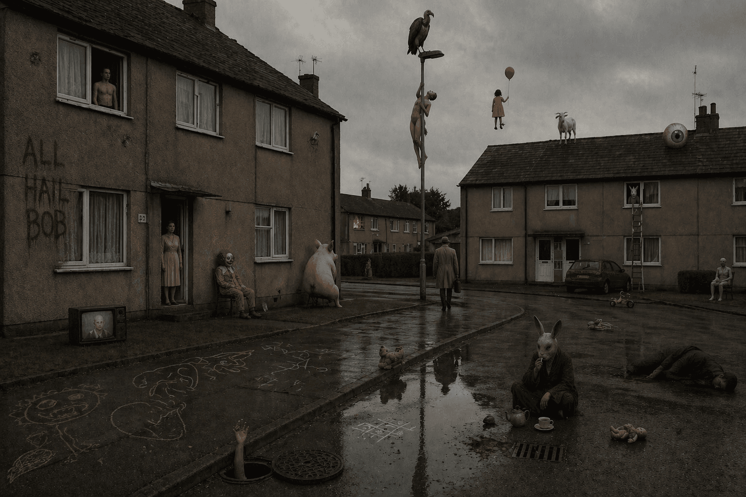 Surreal street scene with clown, rabbit mask, floating girl.