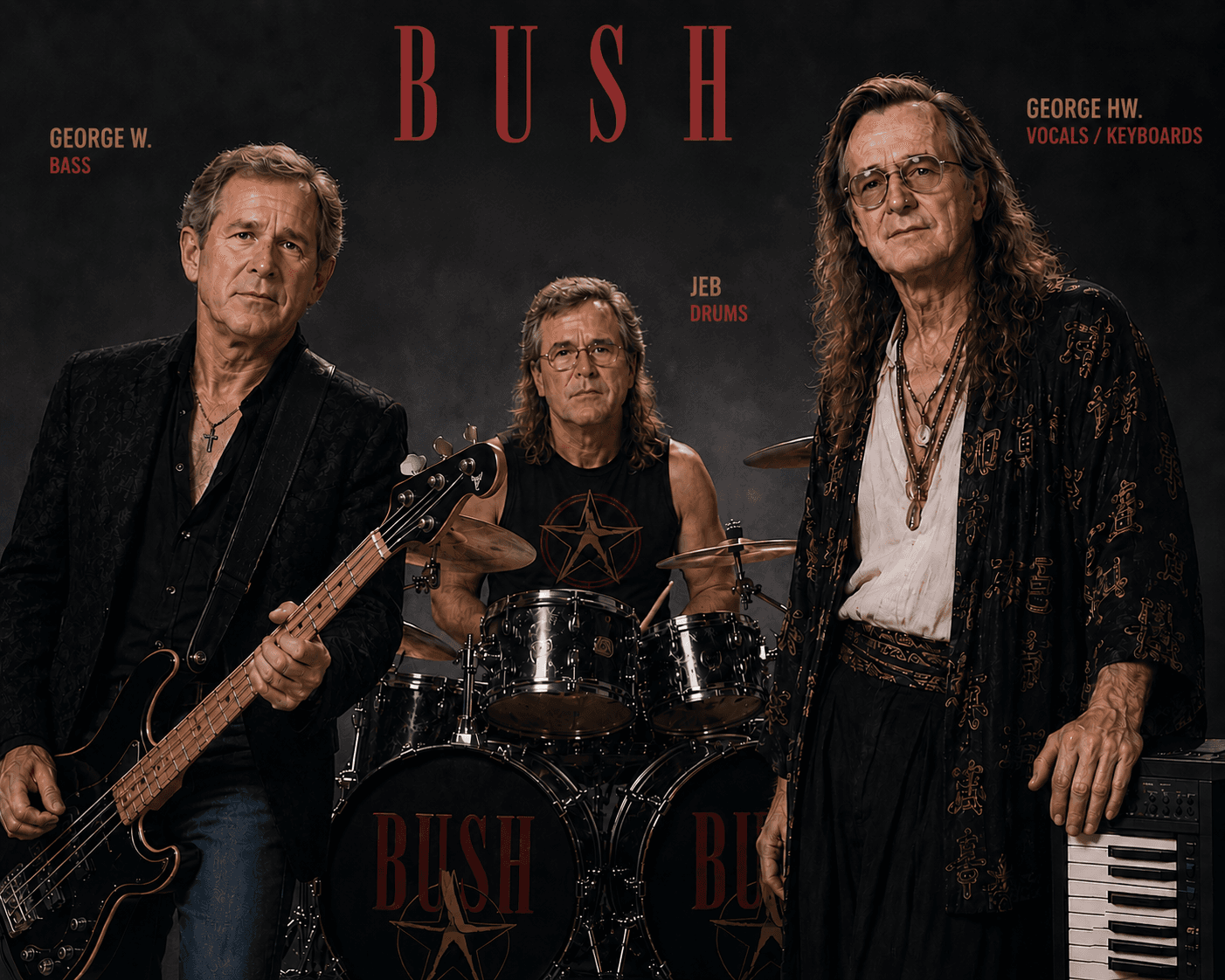 Three men pose as a rock band named Bush.