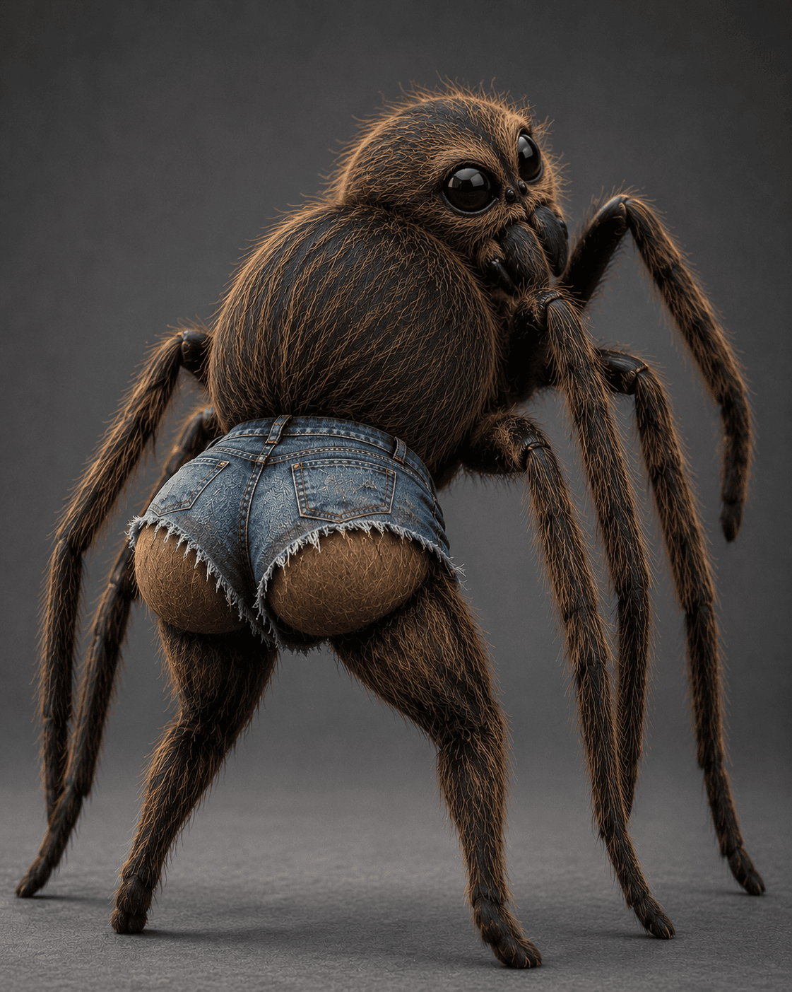 A furry spider character wearing denim cutoff shorts.
