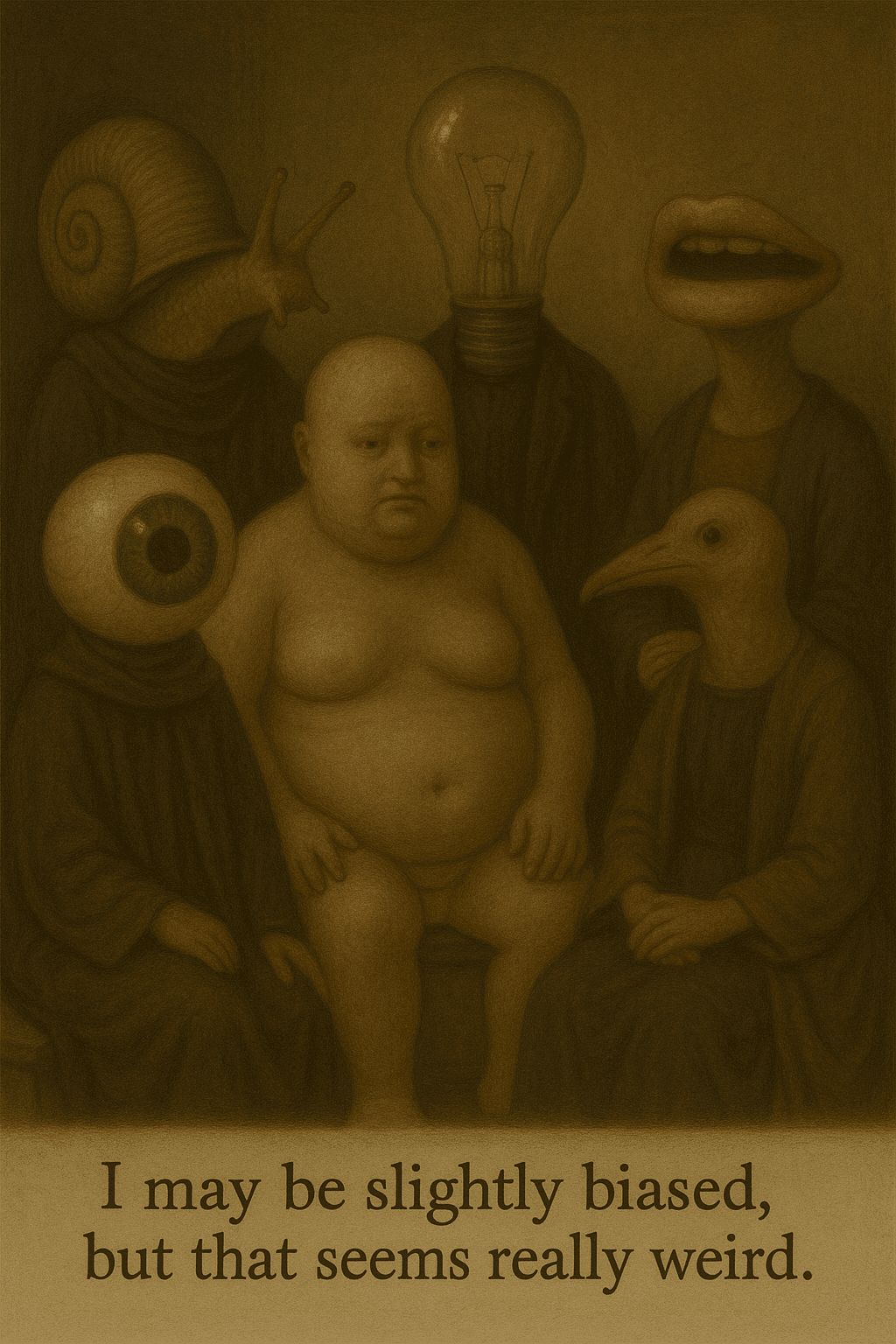Surreal figures with bulb, eyeball, snail, bird, lip heads.