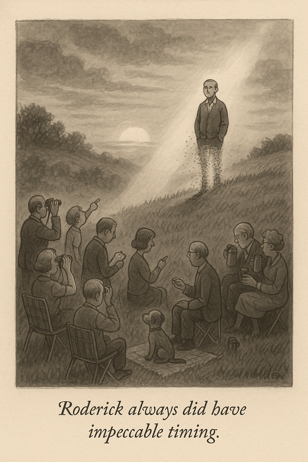 A man ascends into light while onlookers watch below.