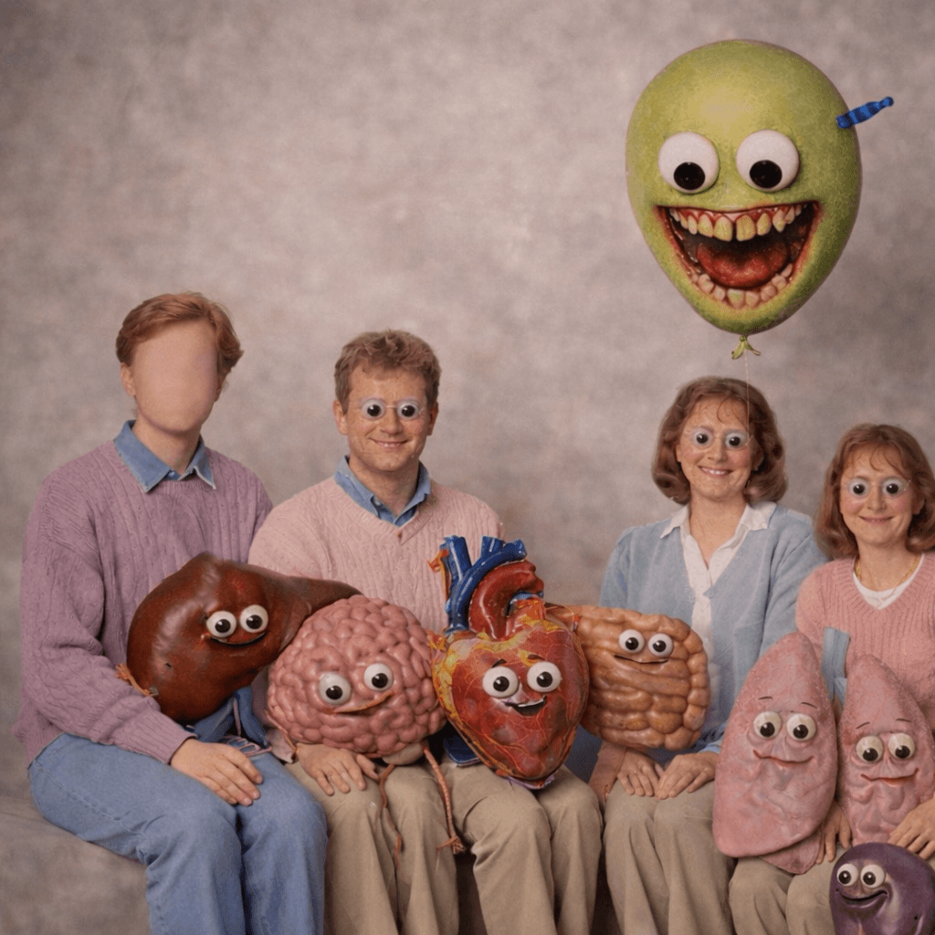 Family poses with colorful educational anatomy balloon props.