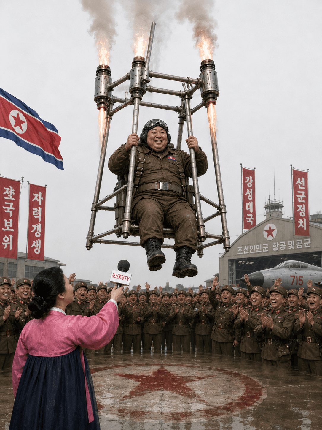 Man lifted by rocket chair, crowd cheering below.