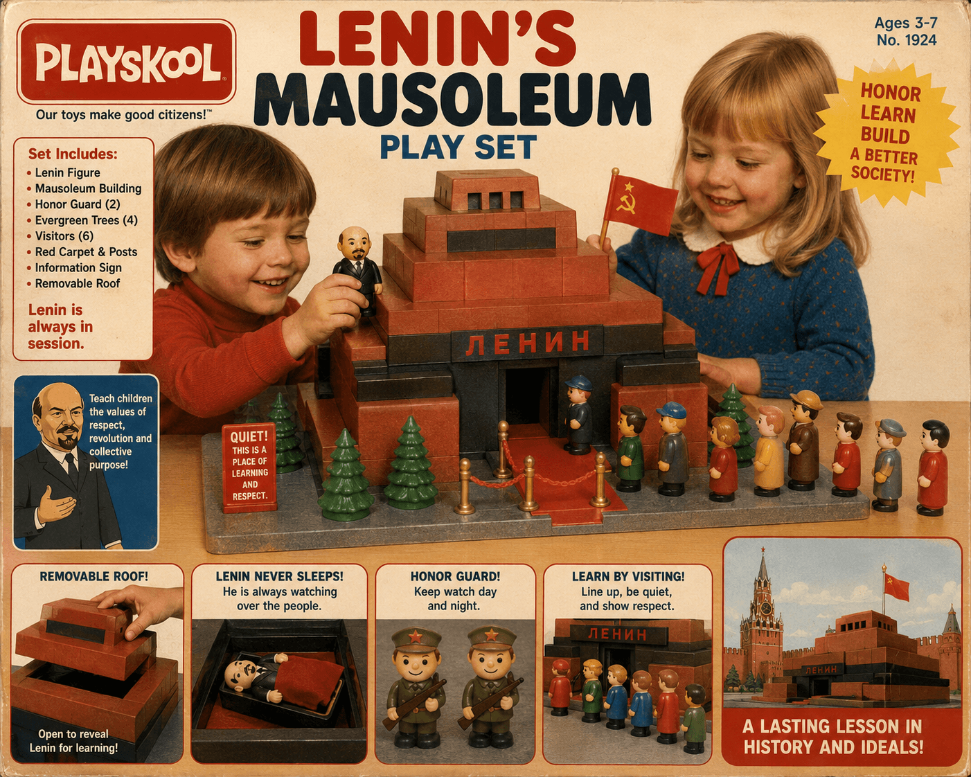 Fake Playskool box featuring Lenin's Mausoleum playset.