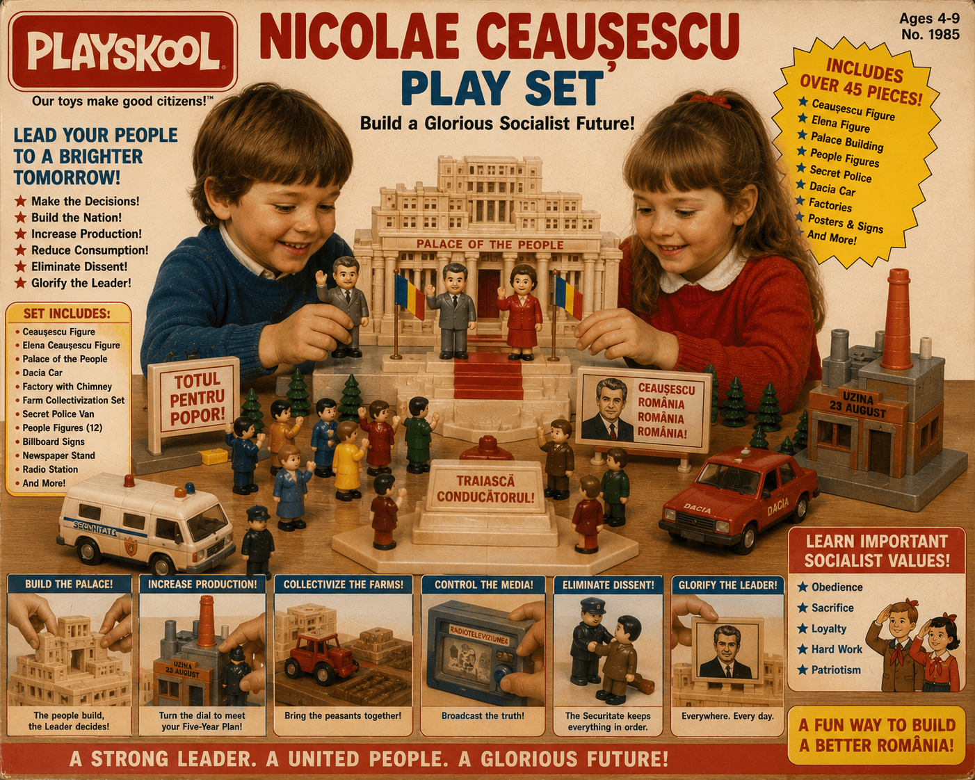 Fake Playskool box spoofing Romanian communist dictator playset