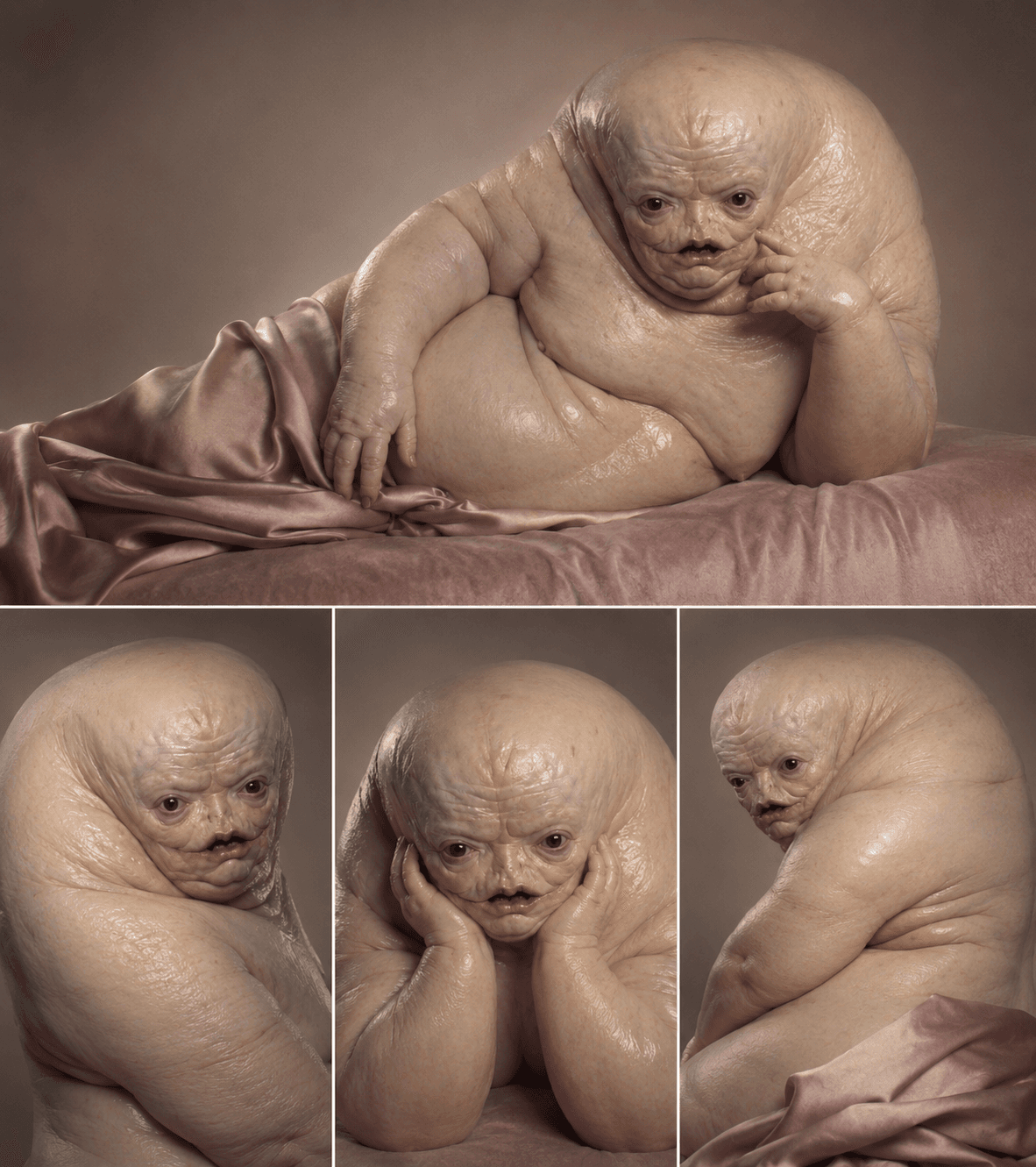 Surreal CGI creature resembling a large, wrinkled infant figure.