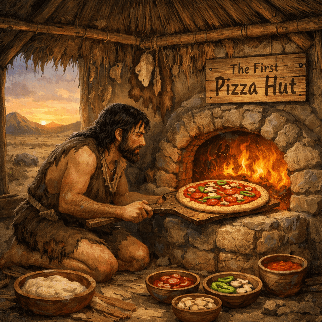Prehistoric man bakes pizza in a stone hut.