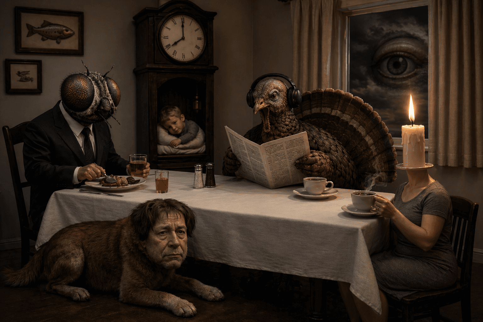 Surreal dinner scene with fly, turkey, dog-human, candle-head figures.