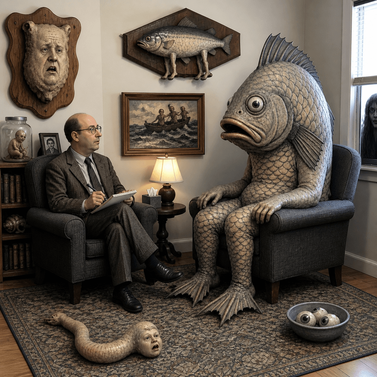 A fish creature sits in therapy with a suited man.