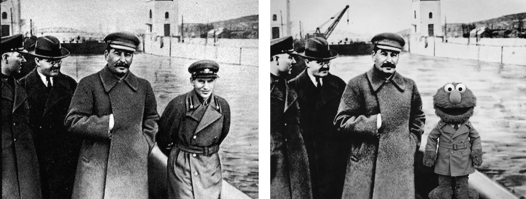 Historical photo altered, replacing officer with Elmo puppet.