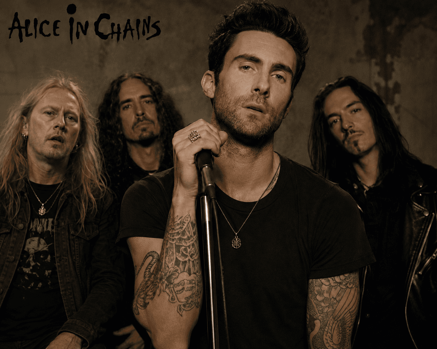 Four long-haired men pose before a concrete wall.