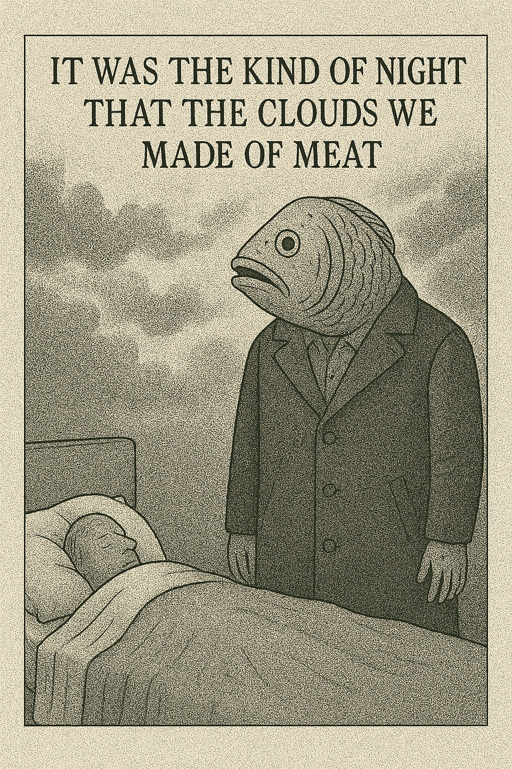Fish-headed figure in suit looms over sleeping person.