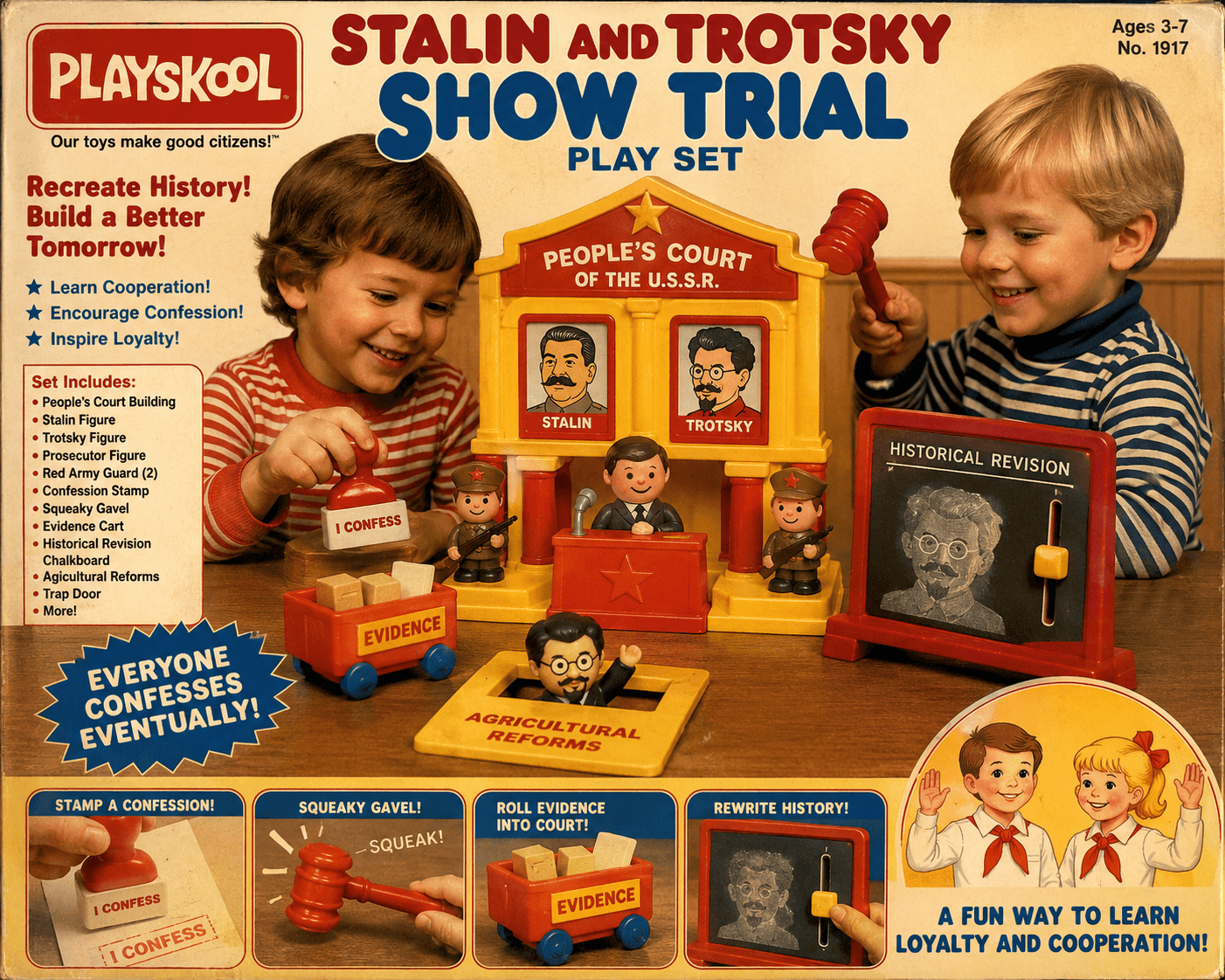 Fake Playskool box spoofing Soviet show trials as children's toy