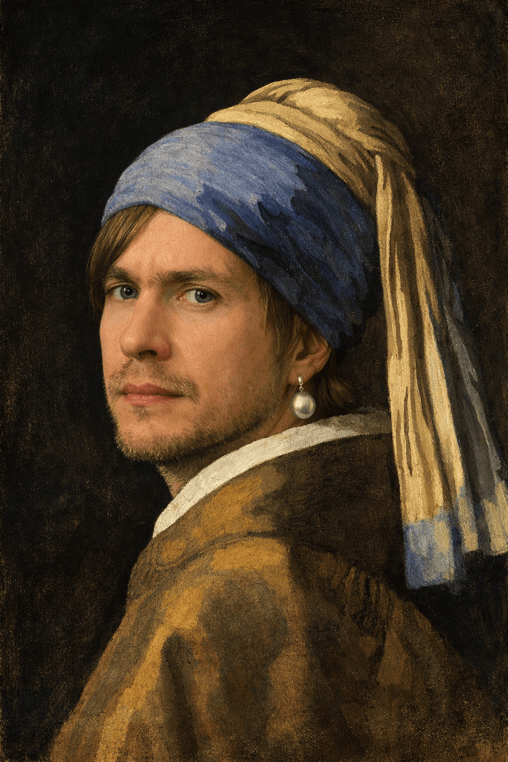 Woman in blue turban wearing pearl earring.