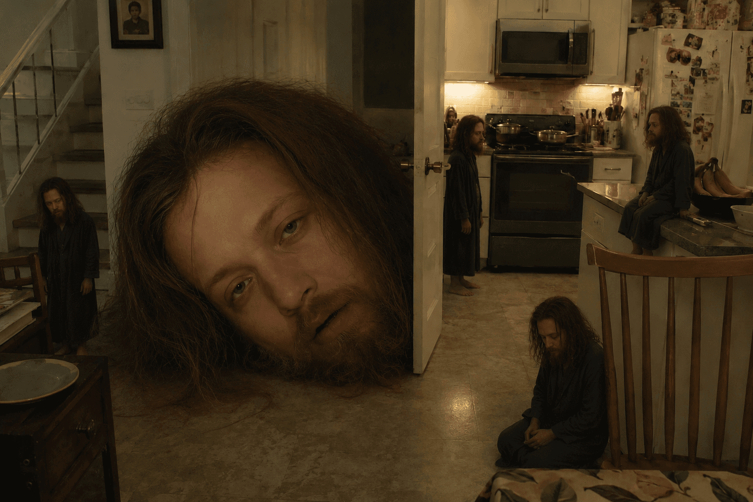 Multiple versions of a bearded man fill a kitchen.