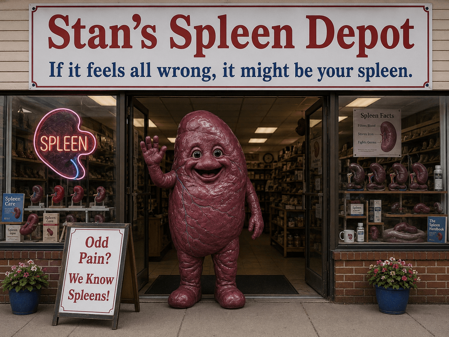 A spleen mascot waves outside Stan's Spleen Depot storefront.