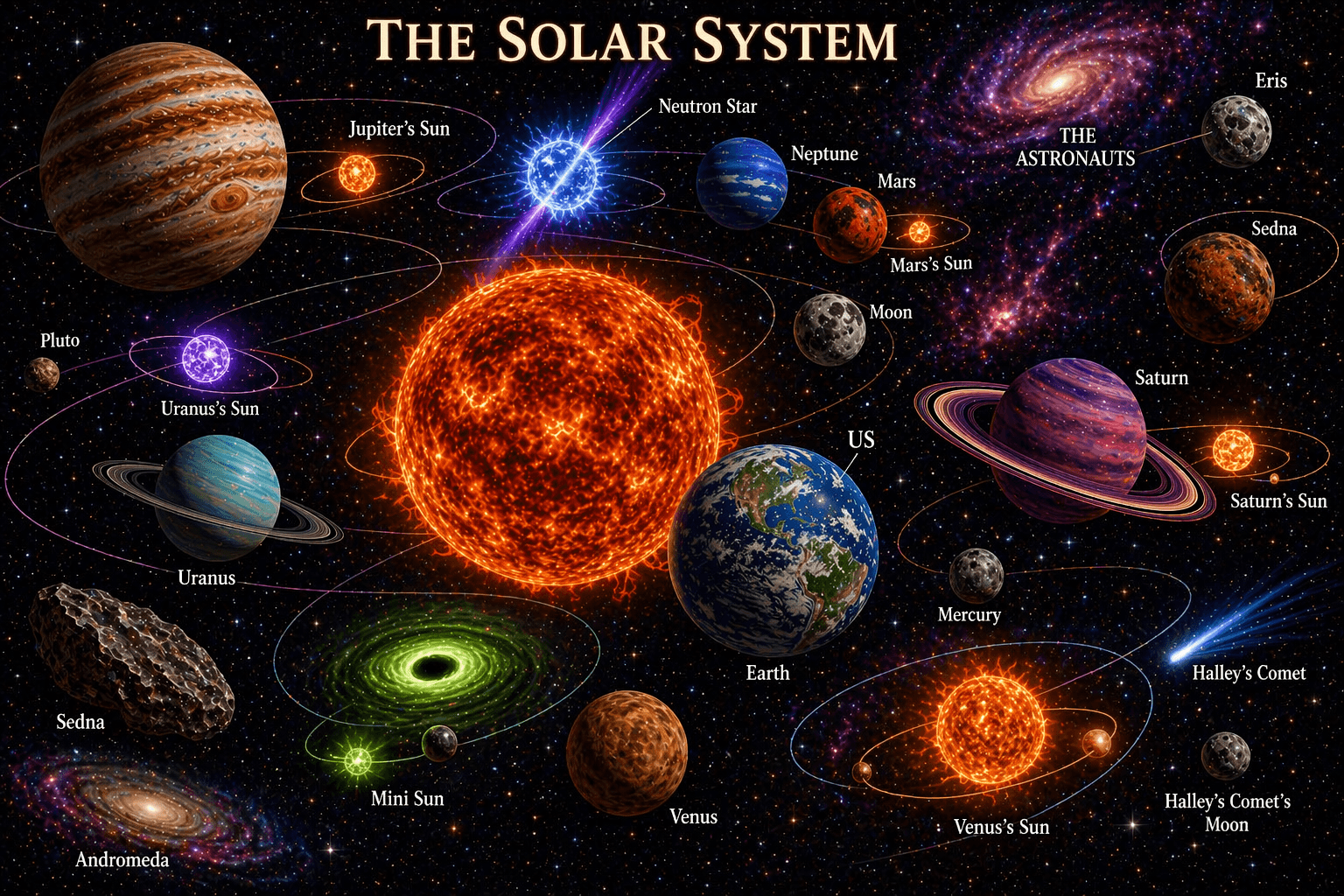 Illustrated poster of solar system bodies, labeled incorrectly.