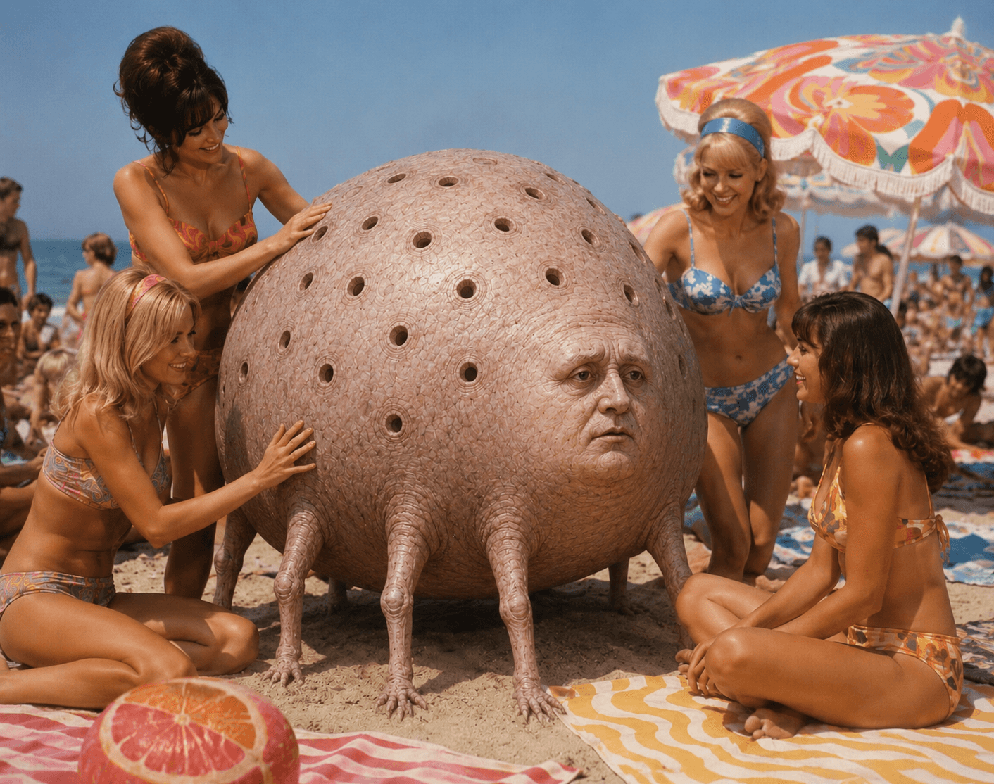 Women in bikinis surround a large creature on beach.