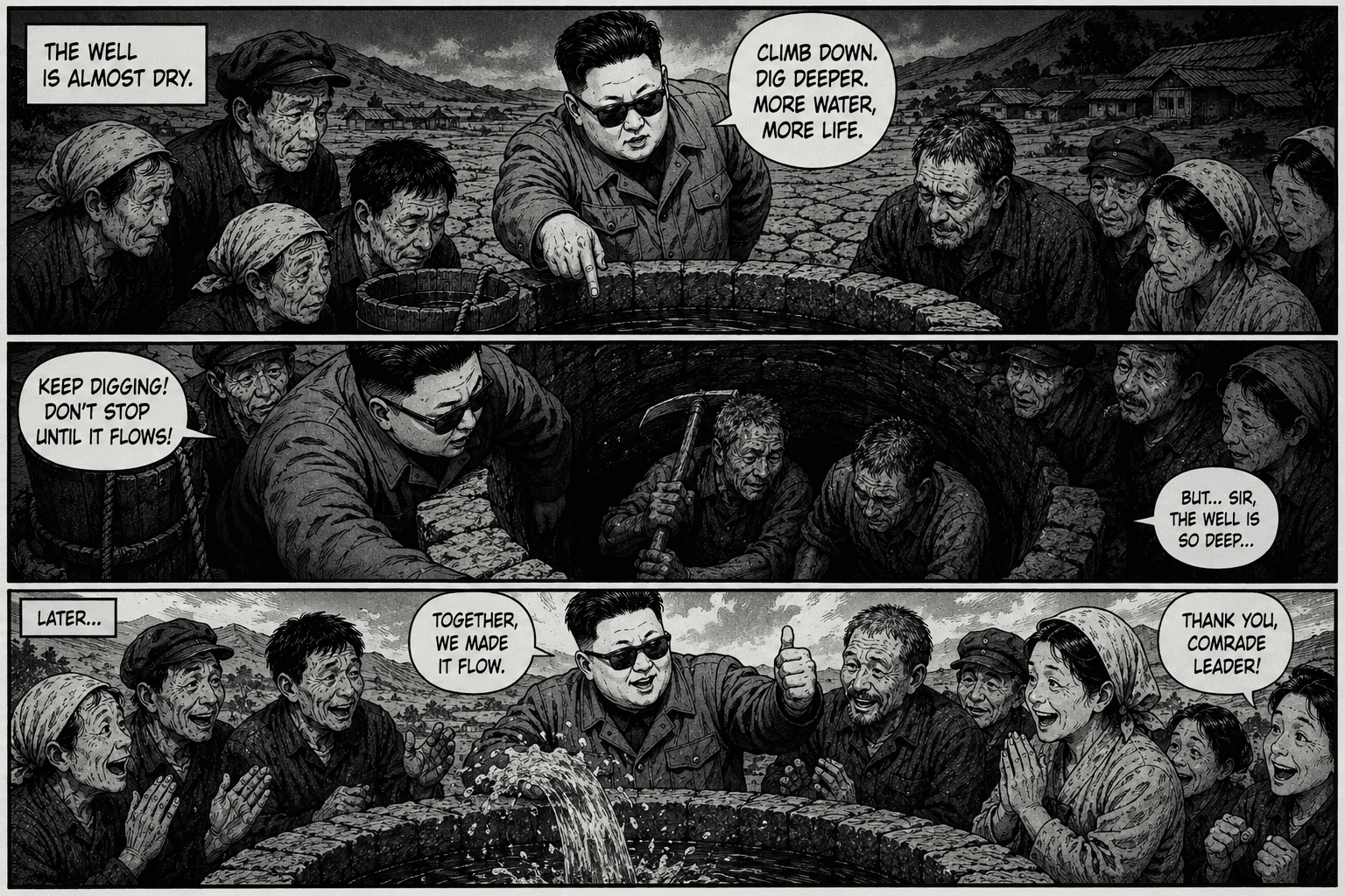 Black and white comic strip about digging a well.