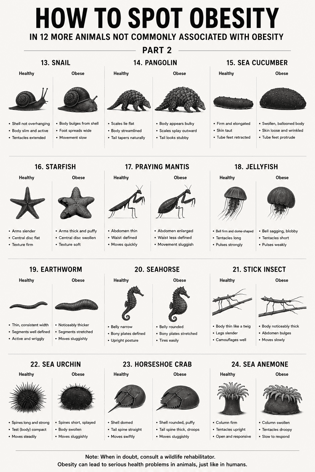 Infographic comparing healthy and obese versions of twelve animals.