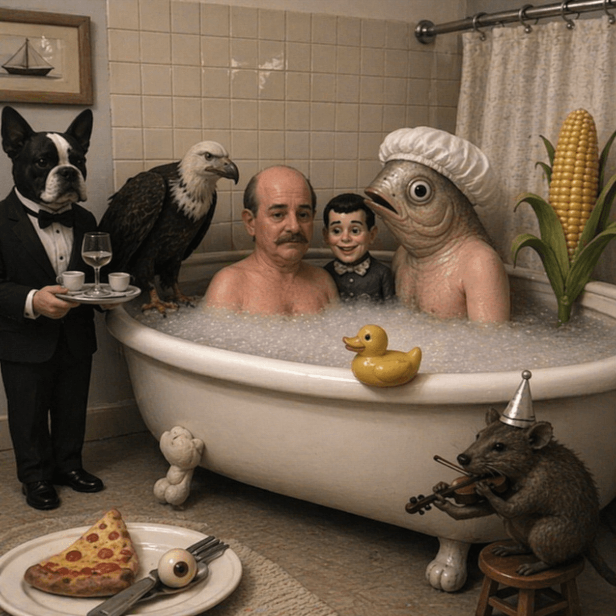 Man in bubble bath surrounded by surreal animal characters.