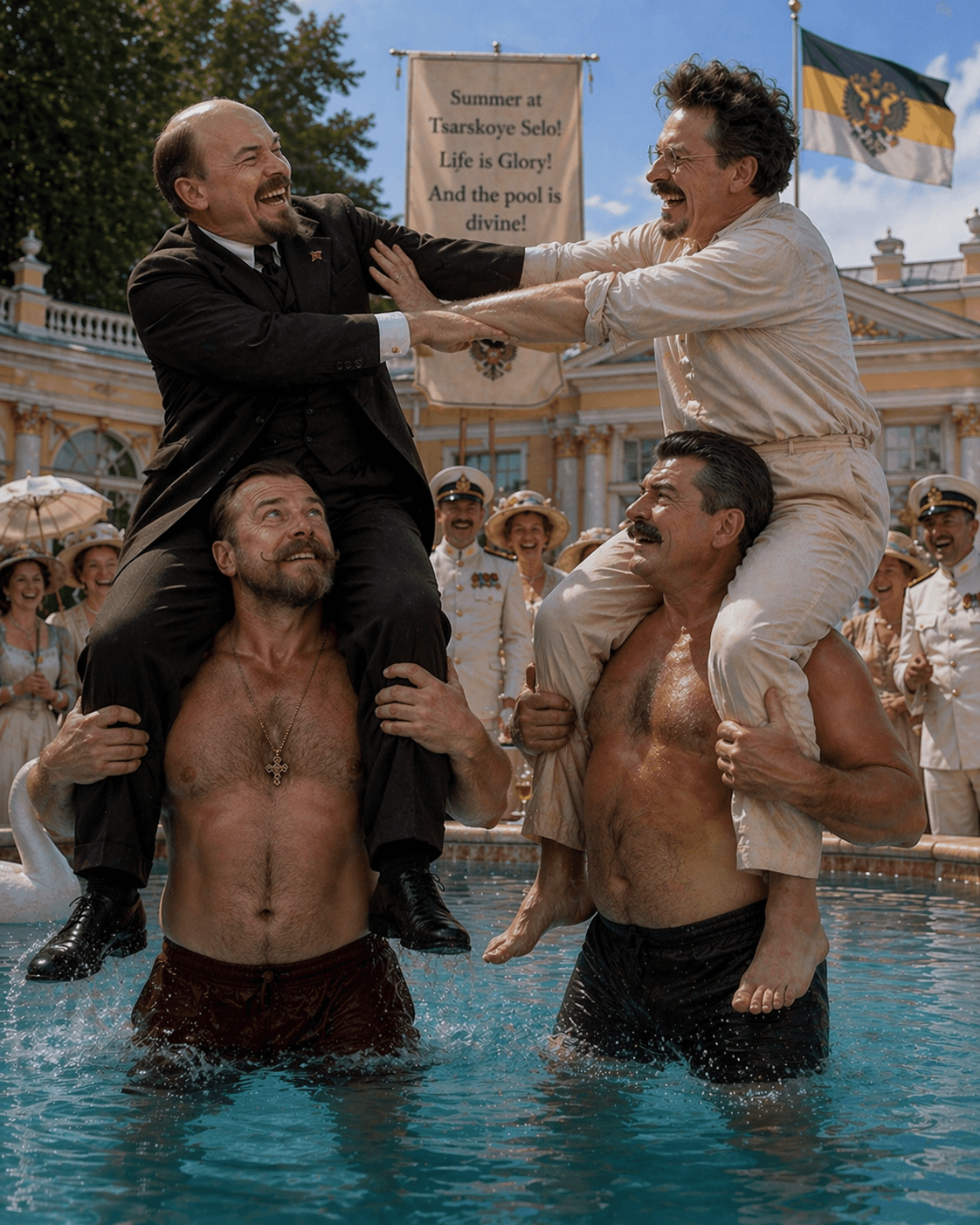 Two men on shoulders play chicken fight in pool.