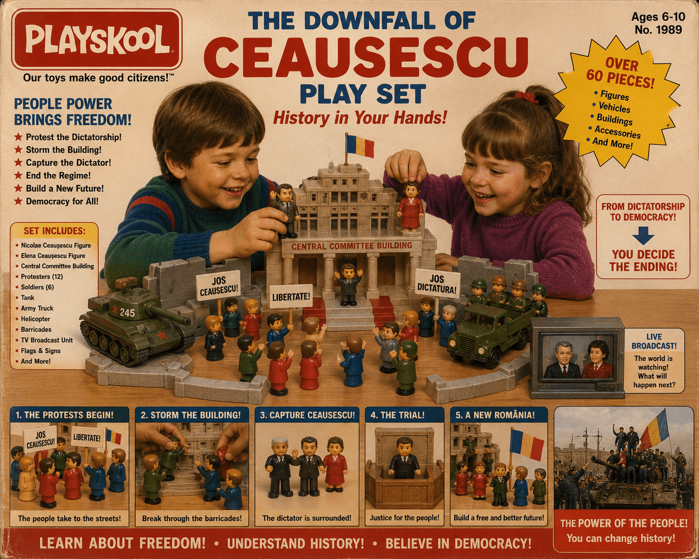 Fake Playskool box depicts Romanian Revolution as children's playset.