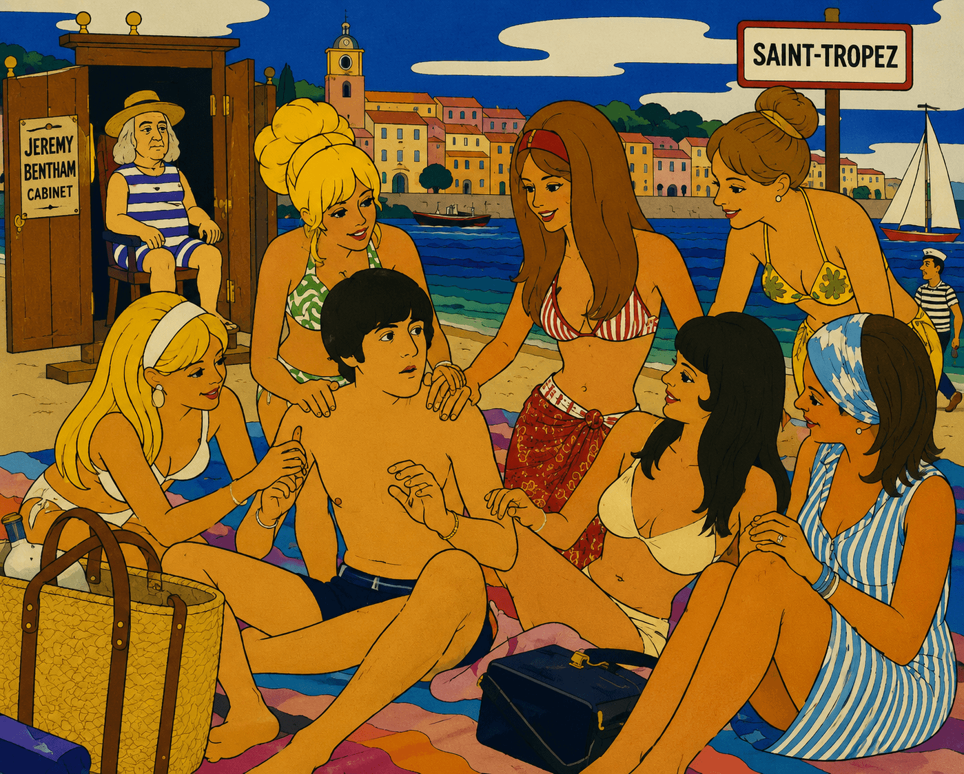 Cartoon man surrounded by five women on Saint-Tropez beach.
