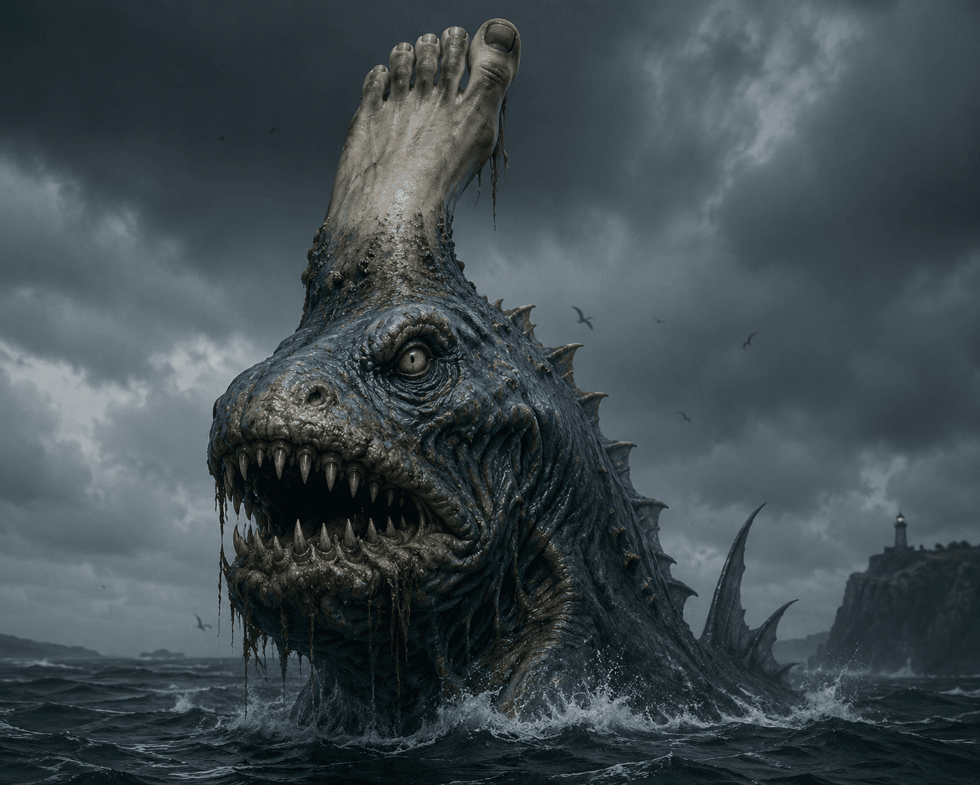 Digital art sea monster with a human foot on its head.