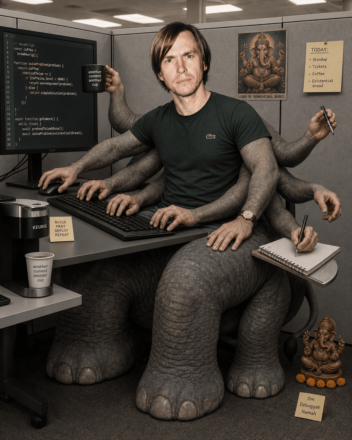 Man with multiple arms and elephant legs at office desk.