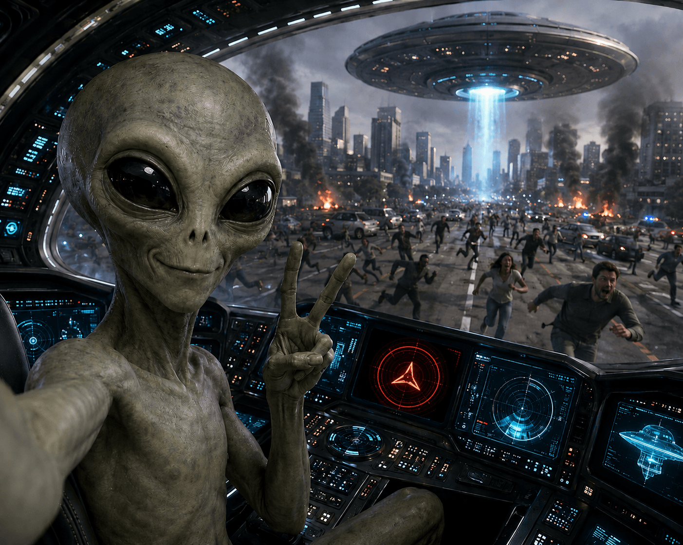 CGI alien takes selfie during city invasion.