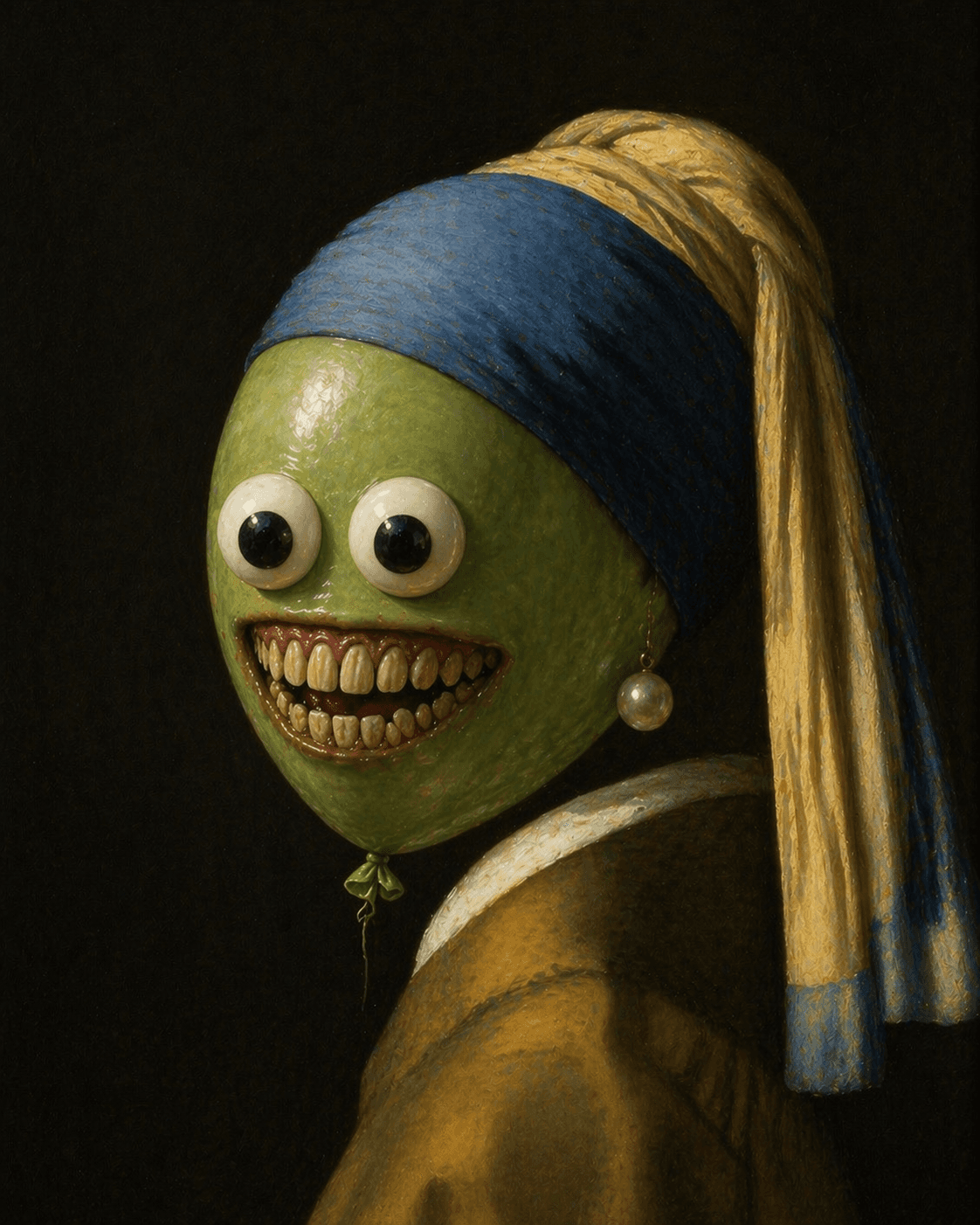 Green balloon face parodies Vermeer's Girl with Pearl Earring.