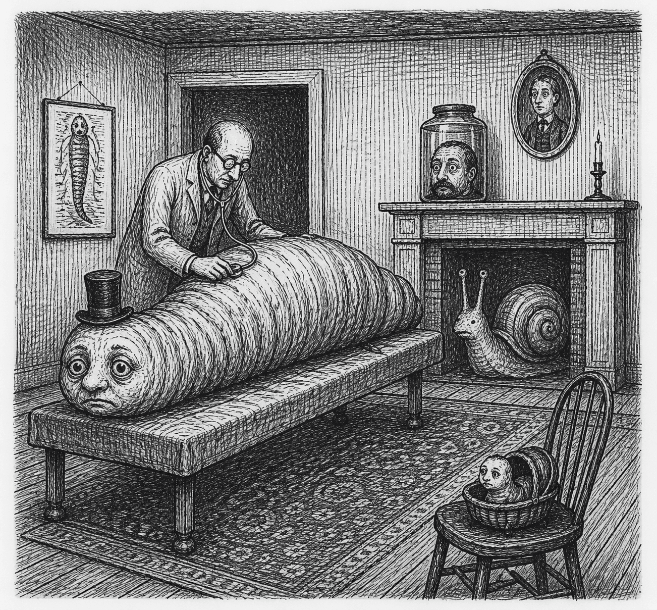 Doctor examines giant worm-creature wearing a top hat.