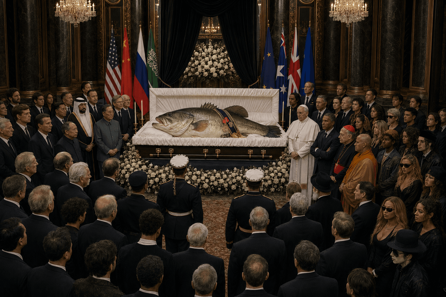 Crowd mourns a large fish lying in an open casket.