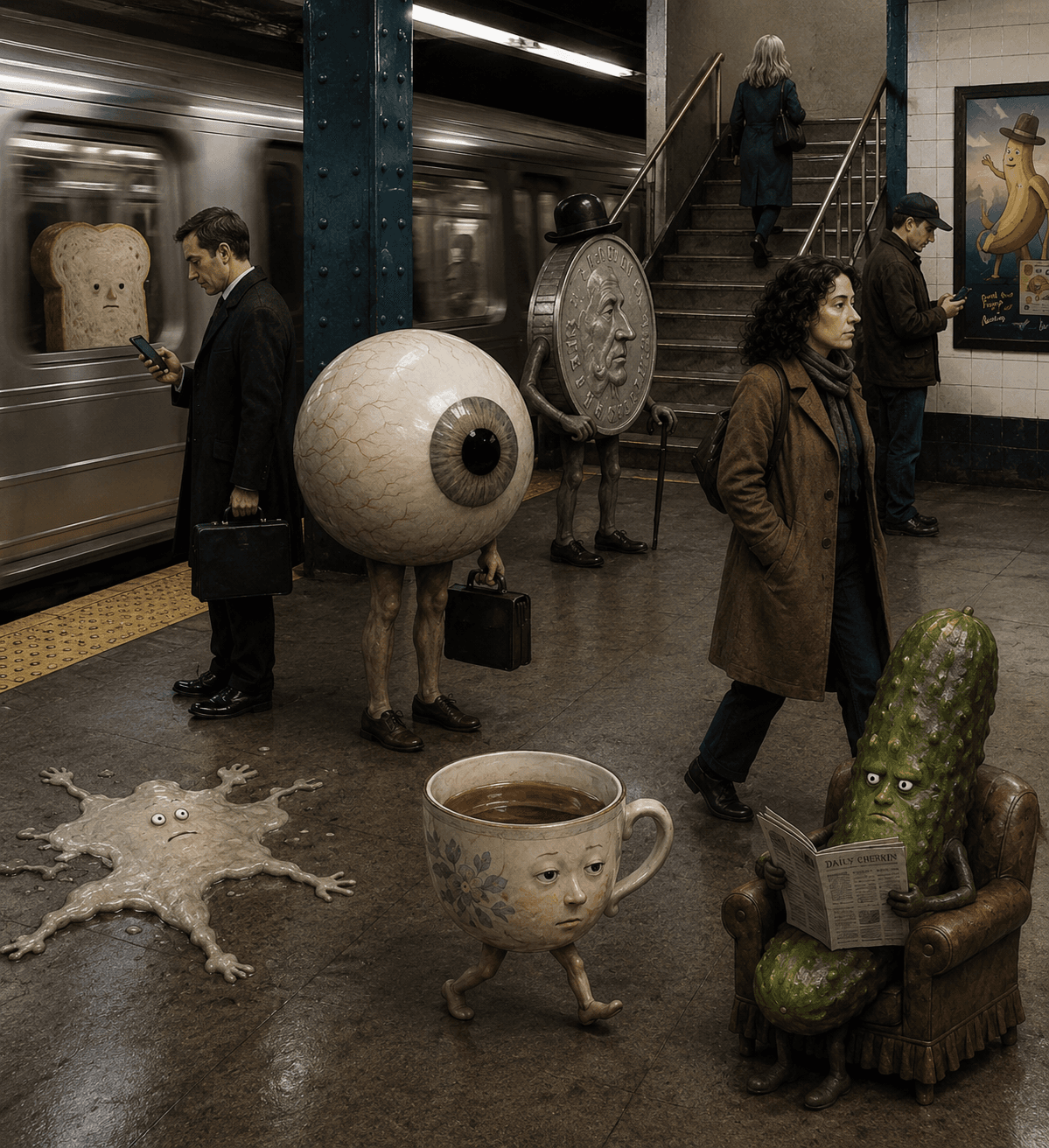 Subway platform, commuters, animated objects, spilled liquid creature.