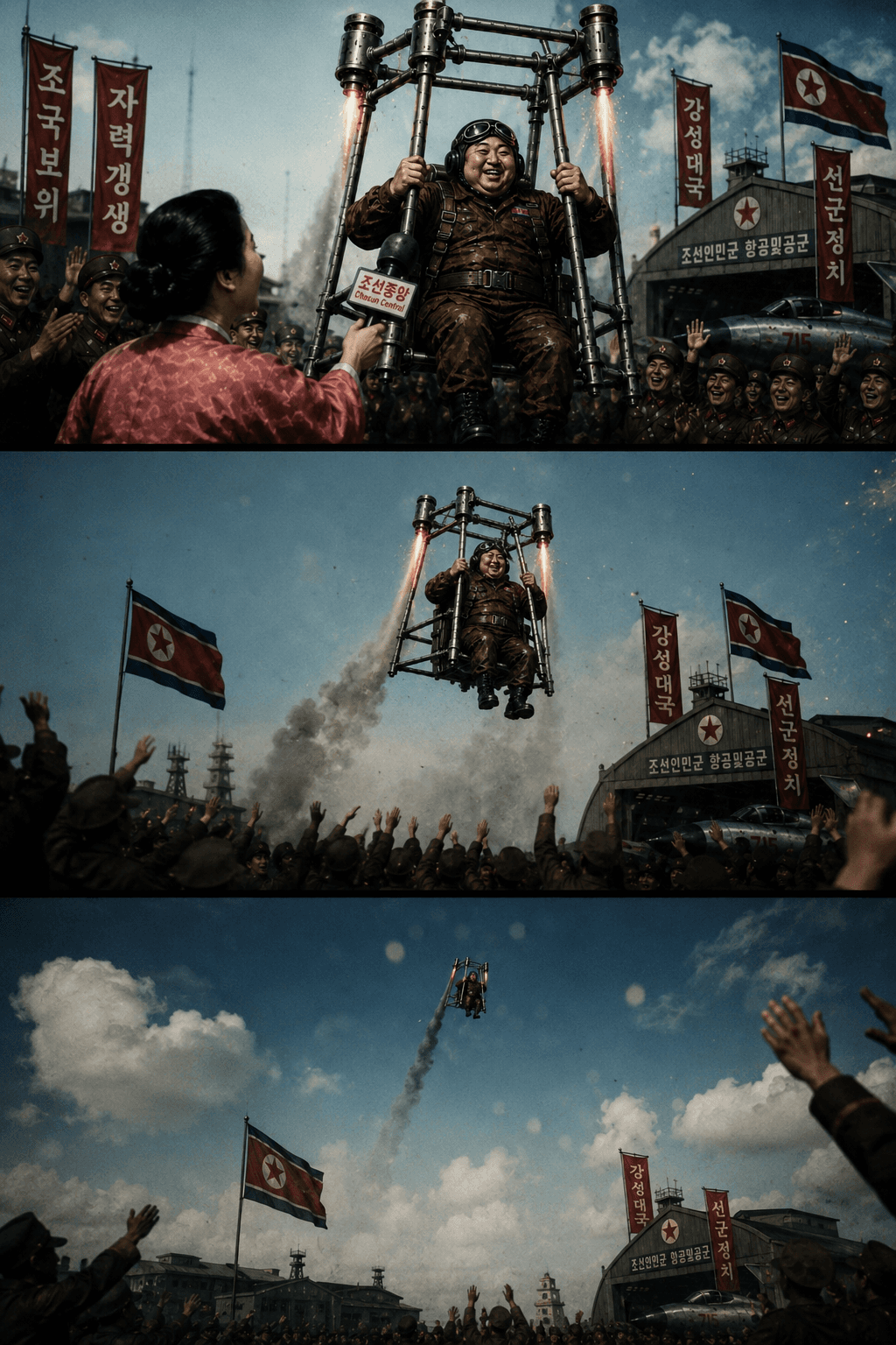 Person in rocket chair lifts off before cheering crowd.