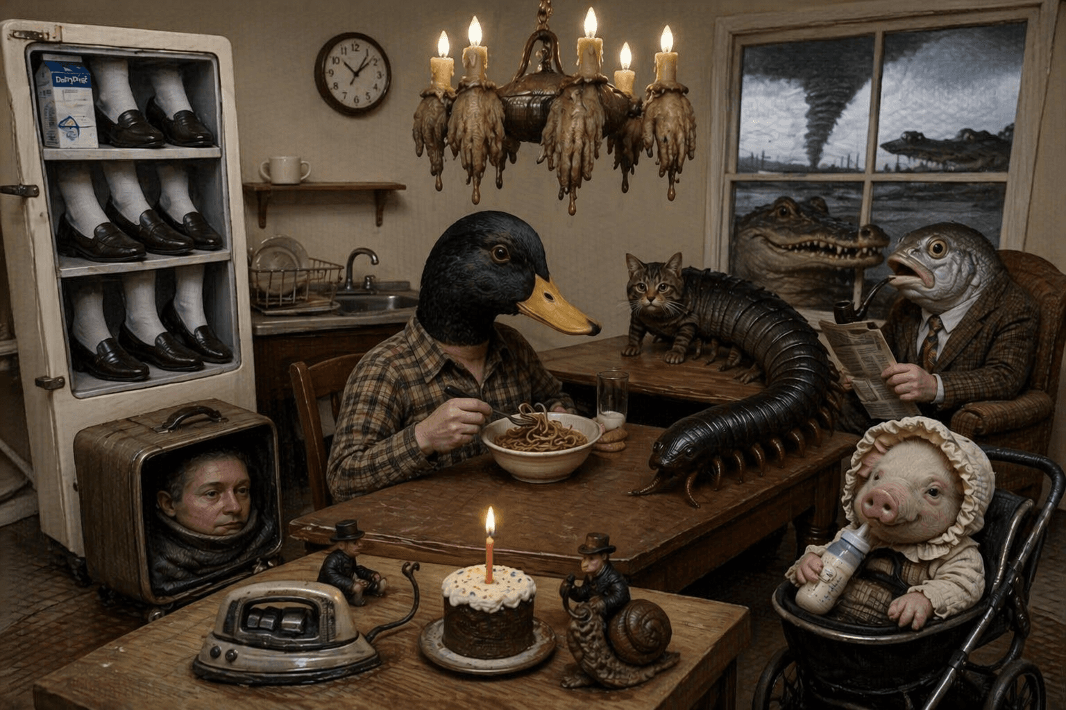 Surreal dinner scene with animal-headed figures at table.