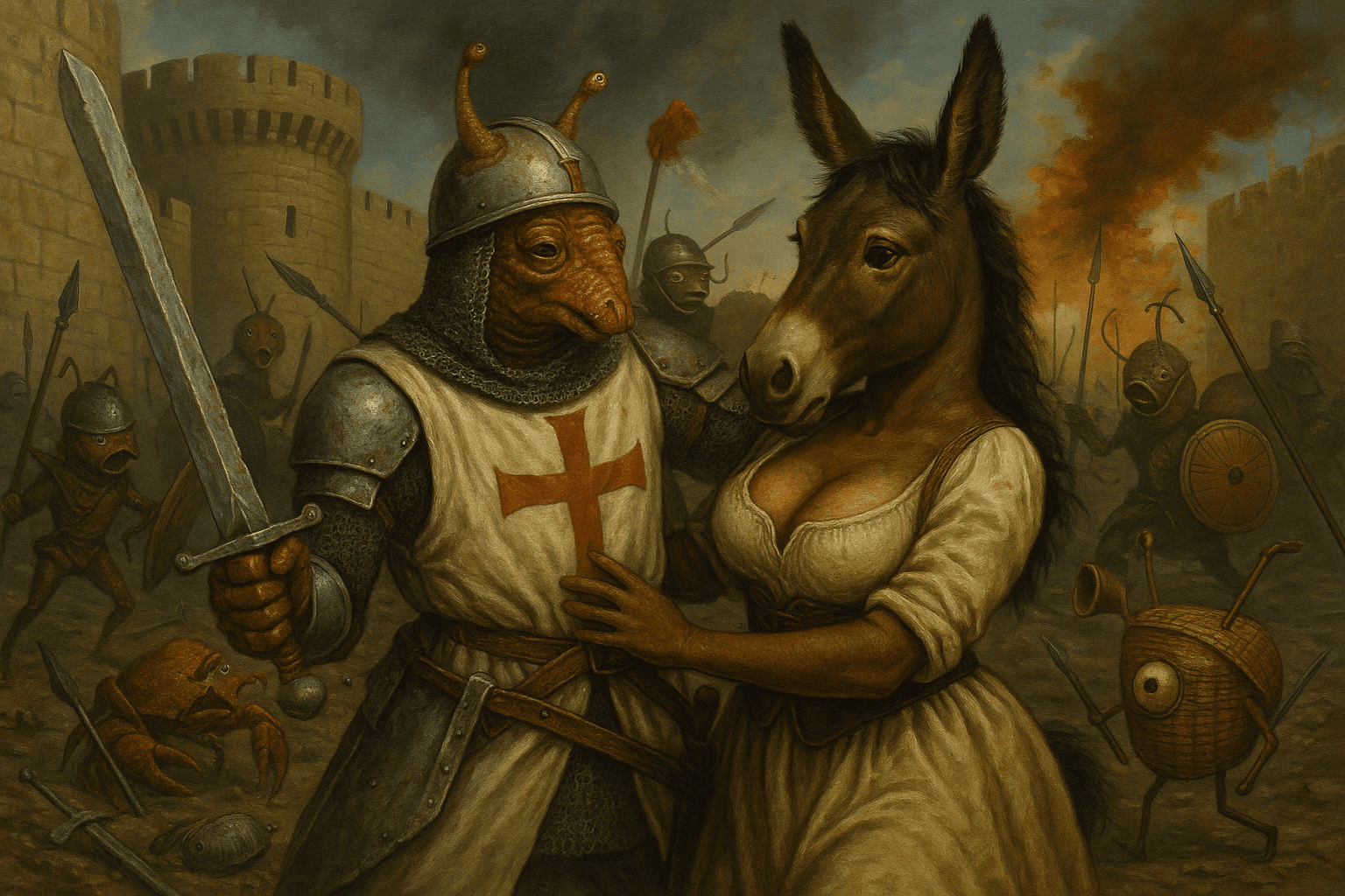 Anthropomorphic creatures dressed as medieval crusader and maiden.