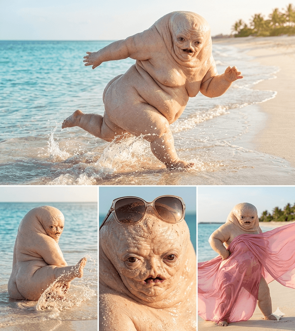 Strange humanoid creature playing on a sunny beach.