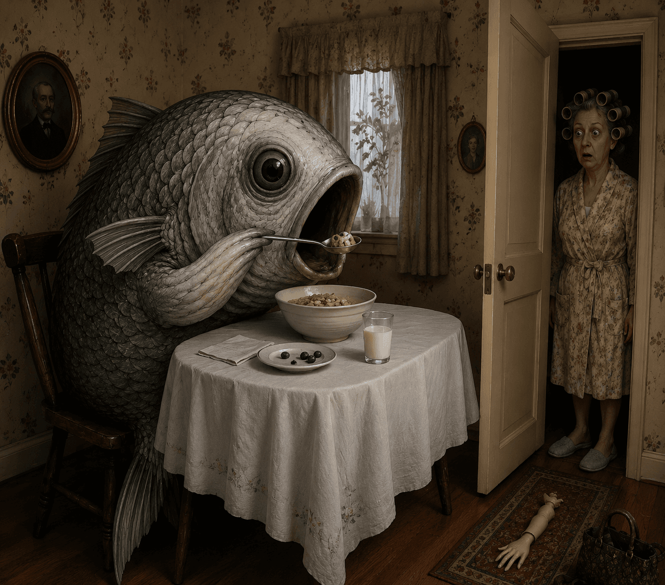 Giant fish eats cereal while woman watches in shock.
