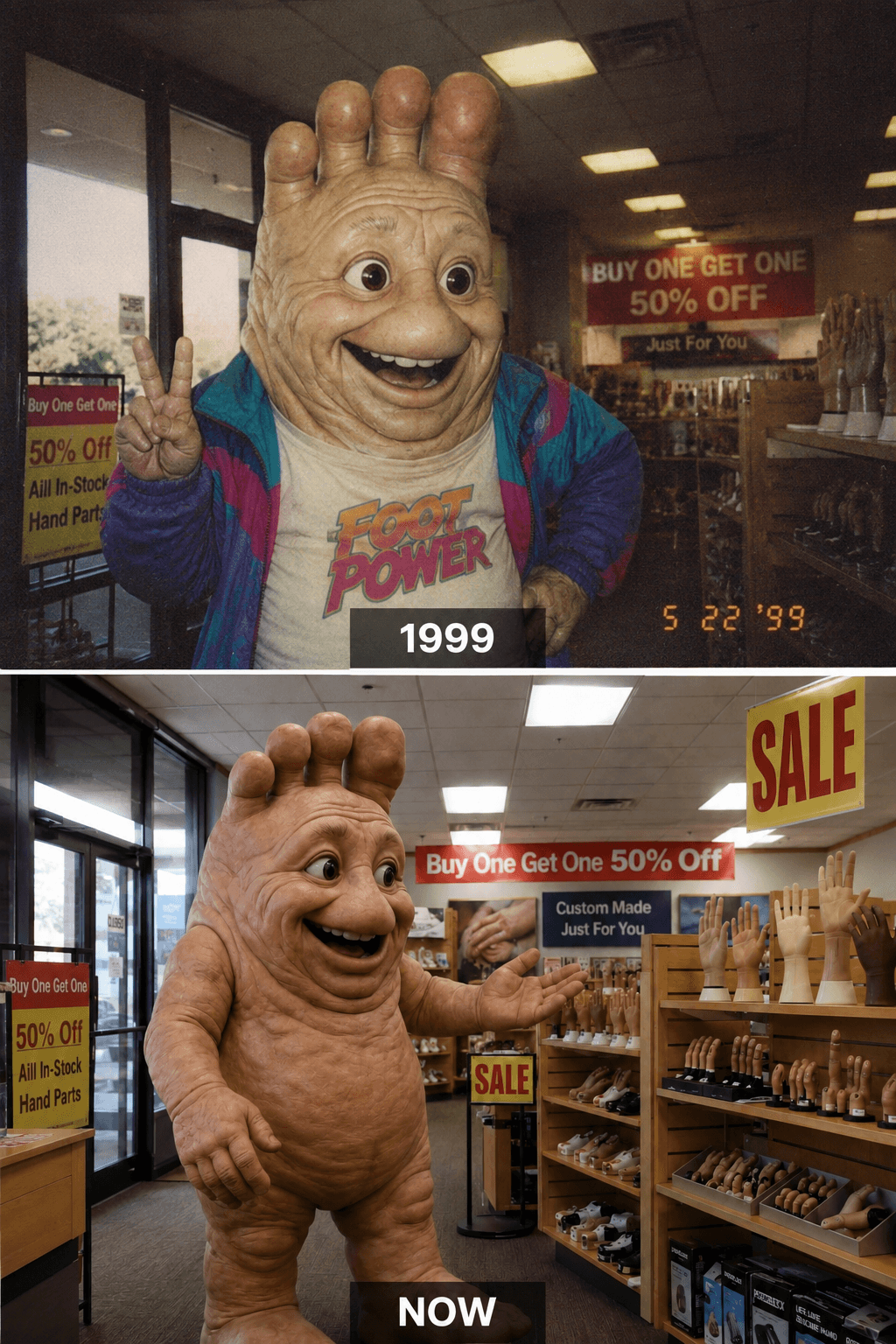 Foot-shaped mascot poses in prosthetics store, 1999 and now.