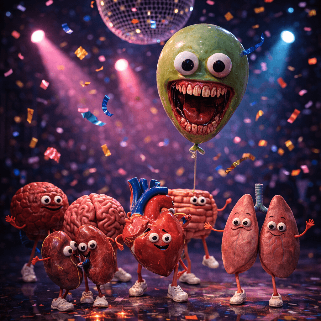 Balloons and fruit gather near a birthday cake.