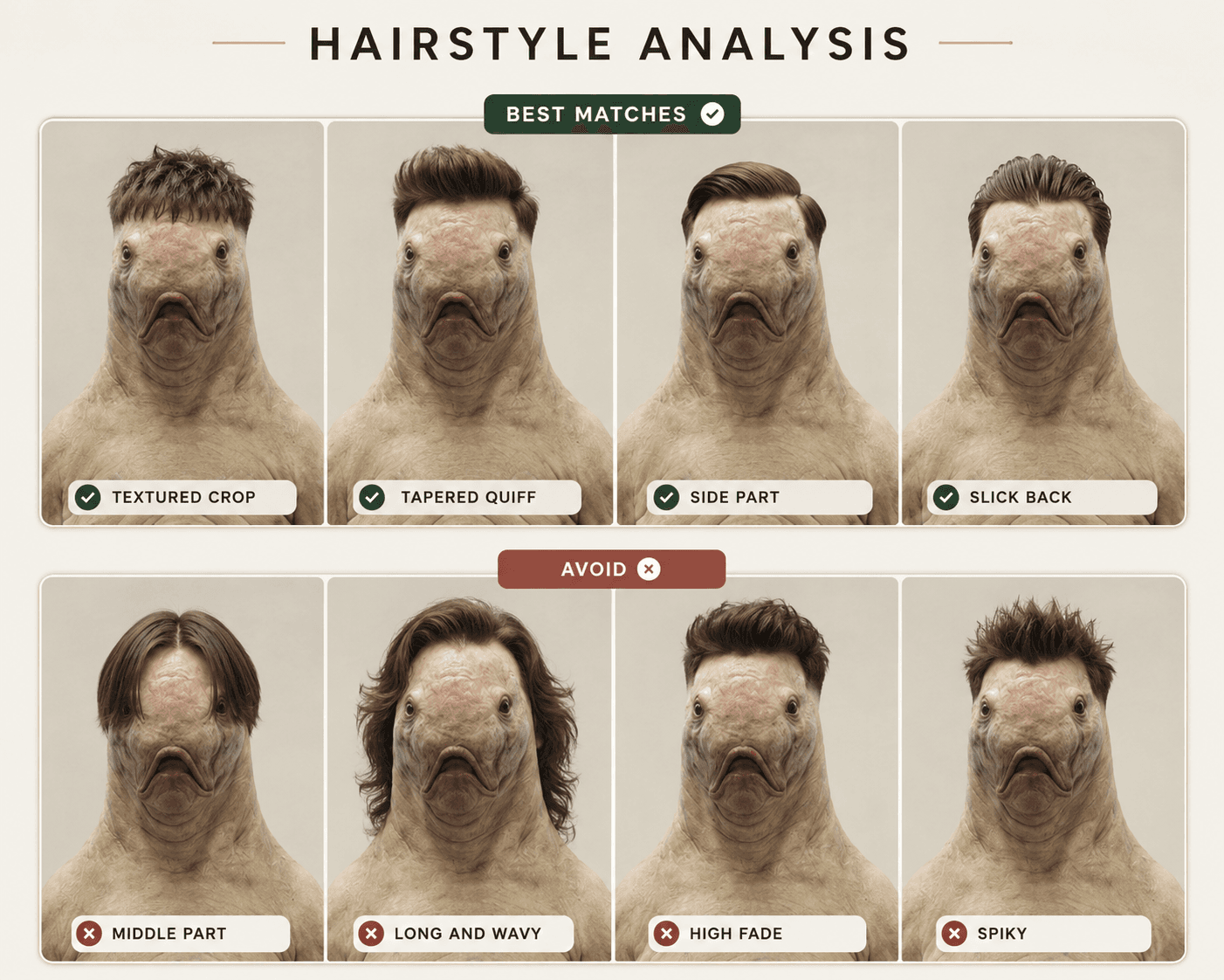 AI bird faces wear various human hairstyles, ranked by suitability.