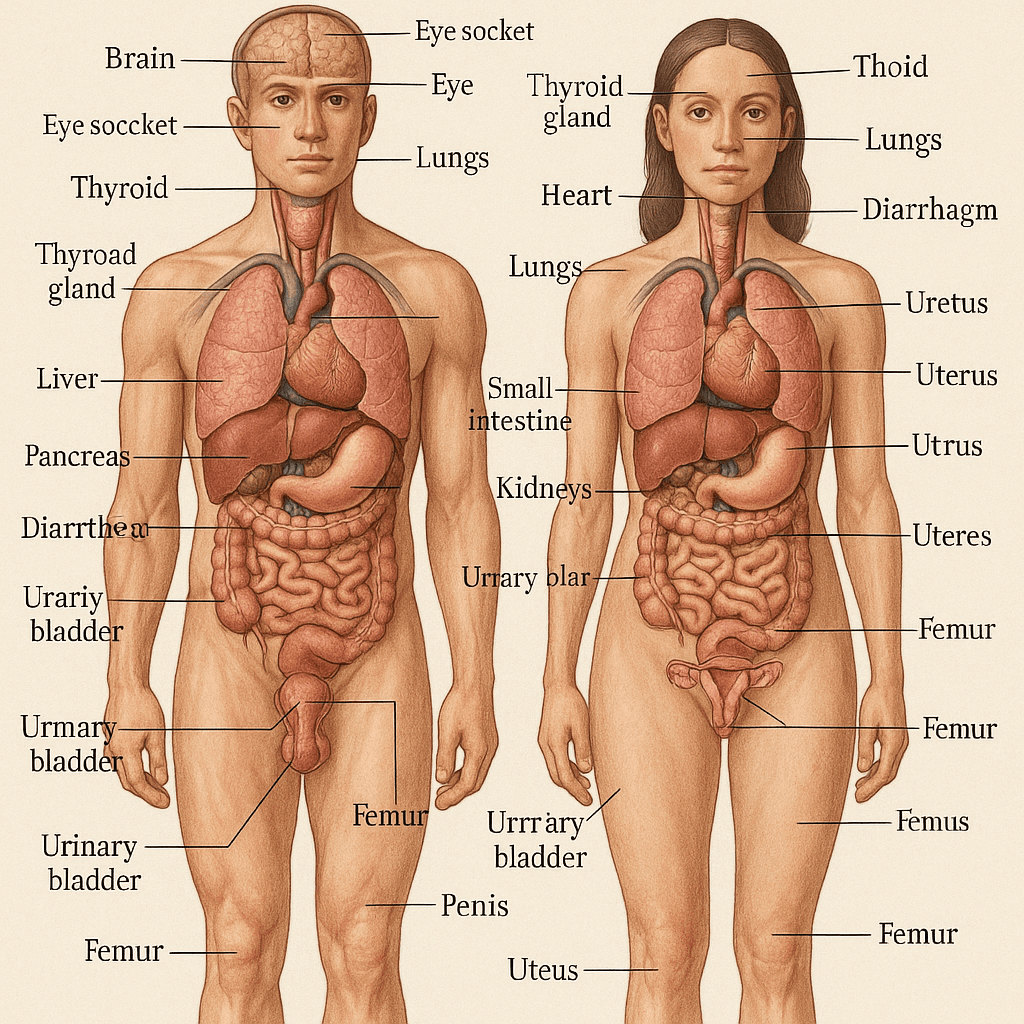Labeled anatomy diagram showing male and female internal organs.